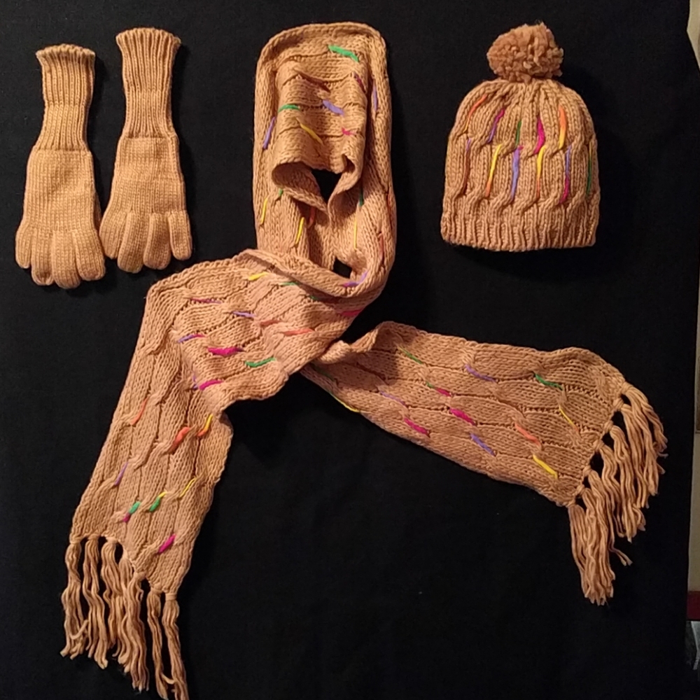 Matching set -- scarf, pullover lined cap, gloves.